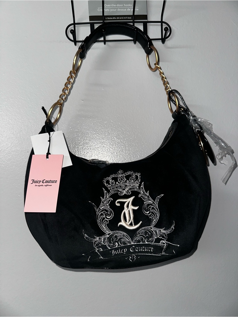 Juicy Couture Black Embroidered Crest Shoulder Hobo with Gold Chain